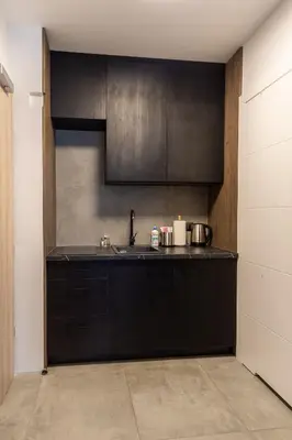 a kitchen with black cabinets and a sink at Apartamenty U Pana Cogito in Kraków