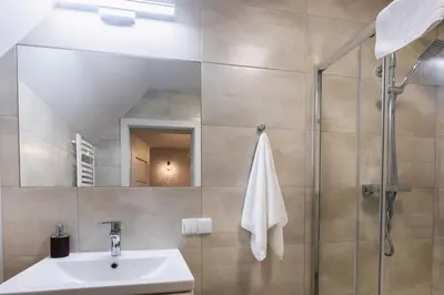 a bathroom with a sink and a shower at Apartamenty,pokoje Paholski in Zubrzyca Górna