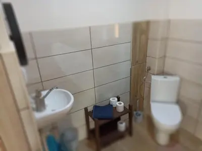 a small bathroom with a sink and a toilet at Mała Chatka domek Zator Oświęcim in Polanka Wielka