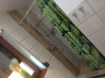 a bathroom with a green shower curtain on the wall at Mała Chatka domek Zator Oświęcim in Polanka Wielka