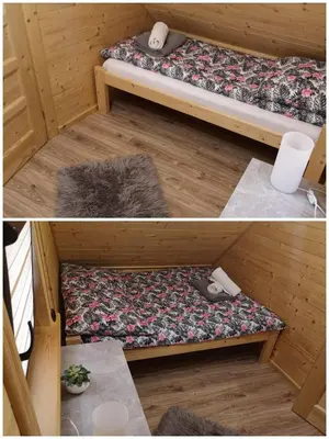 two pictures of a sauna with a cat laying on a bed at Domki Całoroczne Danielowa Ostoja-Zator,Palczowice in Zator