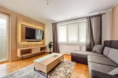 a living room with a couch and a tv at Apartament Kapelanka CoWork in Kraków