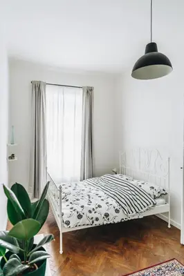 a bedroom with a white bed and a potted plant at Podzamcze 24 Apartments in Kraków