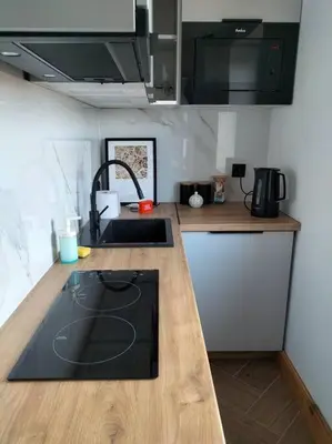 a kitchen with a sink and a counter top at Uroczy apartament w centrum Krakowa in Kraków