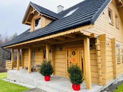 a house with two potted plants in front of it at Willa Stryszawka in Stryszawa