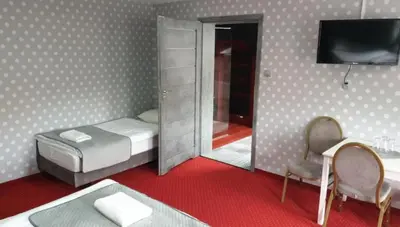 a bedroom with a bed and a tv and chairs at NATA Pokoje Gościnne Restauracja in Libiąż