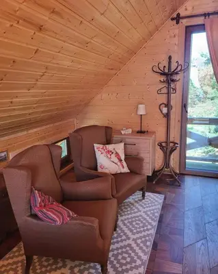 a living room with two chairs and a table at Domki na Górniej Łące - Domek Górny in Łazany