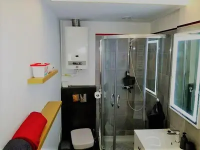 a bathroom with a shower and a sink at Floriańska NewTown in Kraków