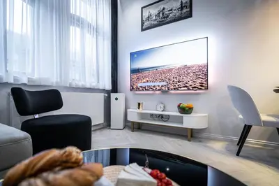 a living room with a tv on the wall at Dasto Apartments Old Town Kraków in Kraków