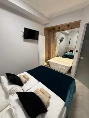 a bedroom with a large bed and a bath tub at Dasto Apartments Old Town Kraków in Kraków
