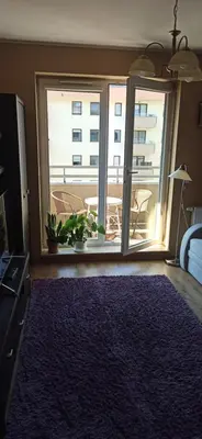 a living room with a large window and a large rug at Apartamenty Kraków -Podgorze M&W in Kraków