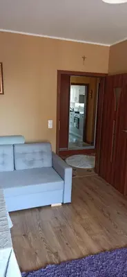 a living room with a couch and a wooden floor at Apartamenty Kraków -Podgorze M&W in Kraków