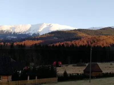 a snow covered mountain in the distance with houses and trees at Słoneczna Chałupka in Zawoja