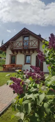 a house with purple flowers in front of it at Słoneczna Chałupka in Zawoja