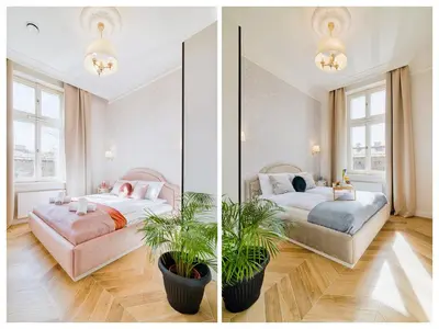 two pictures of a bedroom with two beds at Luxury Apartment St. Sebastian in Kraków