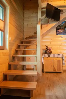 a staircase in a log cabin with a tv at LEŚNE ZACISZE OCHOTNICA in Ochotnica Górna