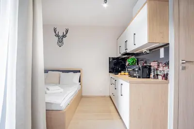 a small room with a bed and a kitchen at Iron Apartments by MB Apartments in Kraków