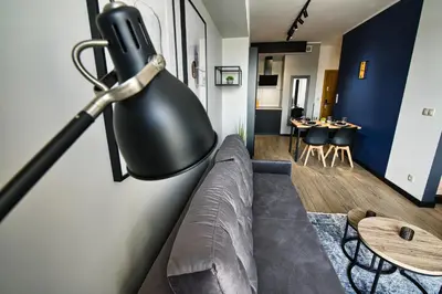 a living room with a couch and a lamp at Apartament Timi Zator by Housine in Zator