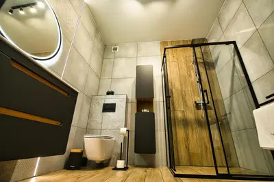 a bathroom with a shower and a toilet at Apartament Timi Zator by Housine in Zator