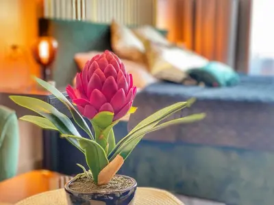 a red flower in a pot on a table at Apartament czarny z jacuzzi in Kraków