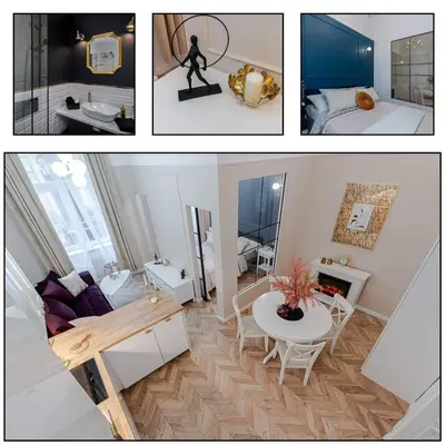 a collage of three pictures of a living room and a bedroom at Olver Apartment in Kraków
