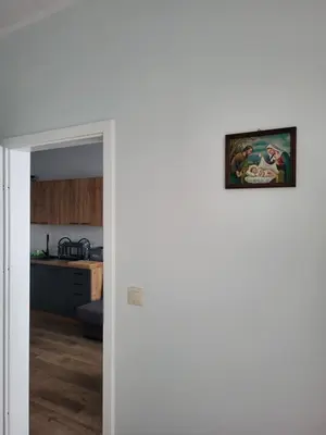 a door to a kitchen with a picture on the wall at Nest Apartament in Zator