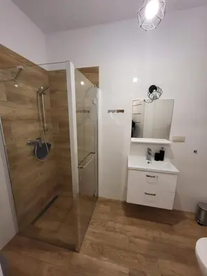 a bathroom with a shower and a sink at Nest Apartament in Zator