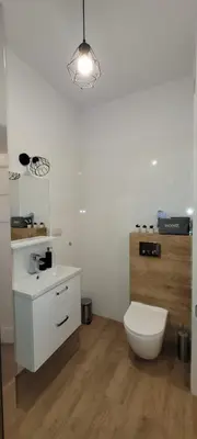a bathroom with a toilet and a sink and a light at Nest Apartament in Zator