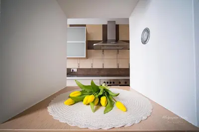 a kitchen with a bunch of bananas on a table at Apartament Best Rest in Wadowice