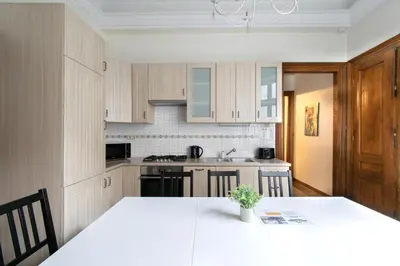 a kitchen with white cabinets and a table with a plant at Magnificent Apartments Zyblikiewicza 11a, central location in Kraków