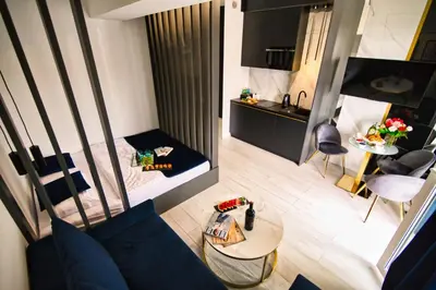 an overhead view of a living room and a kitchen at ApartPark Centrum Zator in Zator