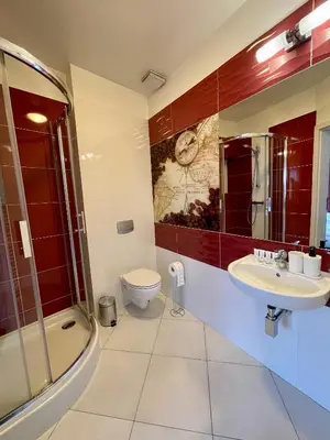 a bathroom with a toilet and a clock on the wall at Apartamenty Centrum in Olkusz