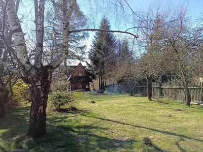 a house in a yard with a tree and a fence at Ludwikówka pod Luboniem, stu-letni domek w górach in Naprawa