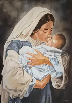 a painting of a woman holding a baby at Kana - Stylish Apartment in Kraków Pomorska - Close, WiFi, Smart TV in Kraków