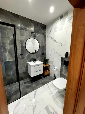 a bathroom with a toilet and a sink and a mirror at Apartament Komfort 17 in Zator