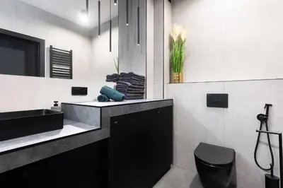 a bathroom with a black sink and a toilet at Victoria Apartment in Kraków