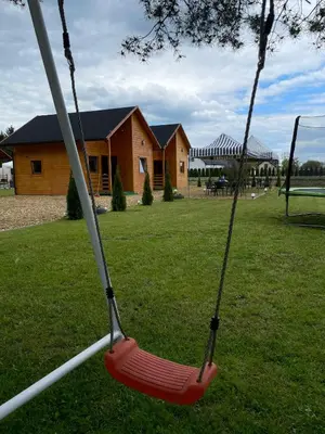 a swing in a yard with a house in the background at Noclegi u Eli Zator Energylandia in Zator