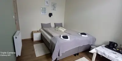 a bedroom with a bed with a gray comforter at Kraków Chilli Hostel in Kraków
