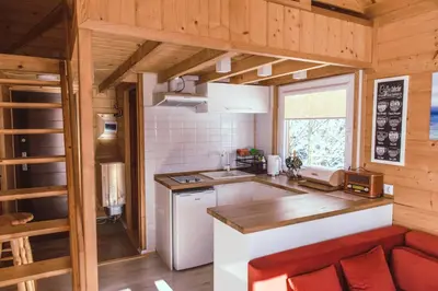 a kitchen with a white refrigerator and a counter at RESETówka nr 2 - domek rodzinny na odludziu in Jaszczurowa