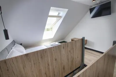 a room with a bed and a window and a television at Skansen Forest in Liszki