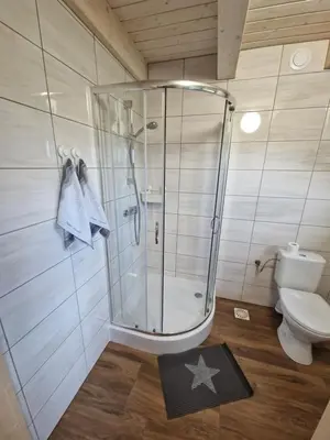 a bathroom with a shower and a toilet and a rug at Domki Harnaś Energylandia in Przeciszów