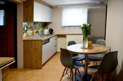 a kitchen with a table and chairs and a refrigerator at Apartament Anna in Bachowice