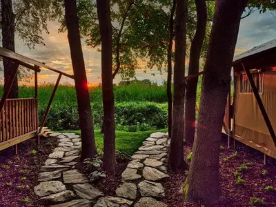 a stone path in the middle of a group of trees at Zatoria Luxury Glamping ZATOR in Zator