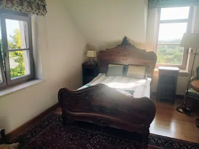 a living room with a fireplace and chairs and a mirror at Hortensjowe Wzgórze in Myślenice