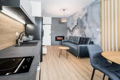 a kitchen and living room with a couch and a table at Rakowicka Old Town Luxury Apartments WAWELOFTS in Kraków