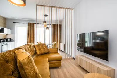 a living room with a couch and a flat screen tv at Rakowicka Old Town Luxury Apartments WAWELOFTS in Kraków
