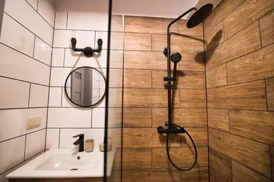 a bathroom with a shower and a sink at LOFT 24 by Housine in Zator