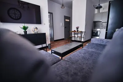 a living room with two couches and a tv at LOFT 24 by Housine in Zator