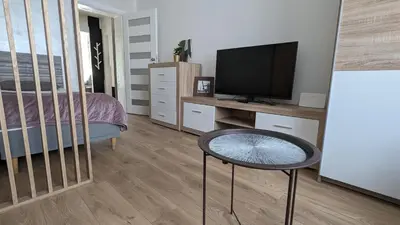 a living room with a tv and a table and a bed at Kalwaryjska Spot Apartment in a Good Location in Kraków