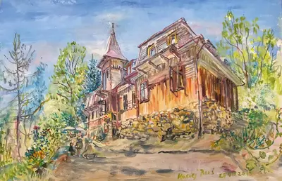 a painting of an old house with people outside at Ayur Garden Peaceful Forest Retreat in Lanckorona in Lanckorona